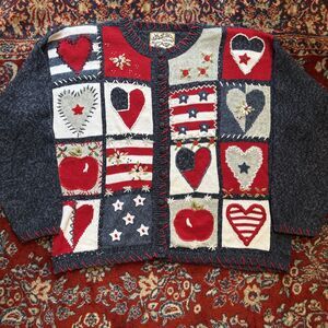 VTG Heirloom Collectibles Women Red White Blue Applique Embroidered Cardigan L